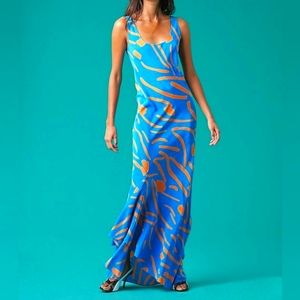 DIANE VON FURSTENBERG Floor Length Silk Slip Dress Chatham Tile Blue Size 2